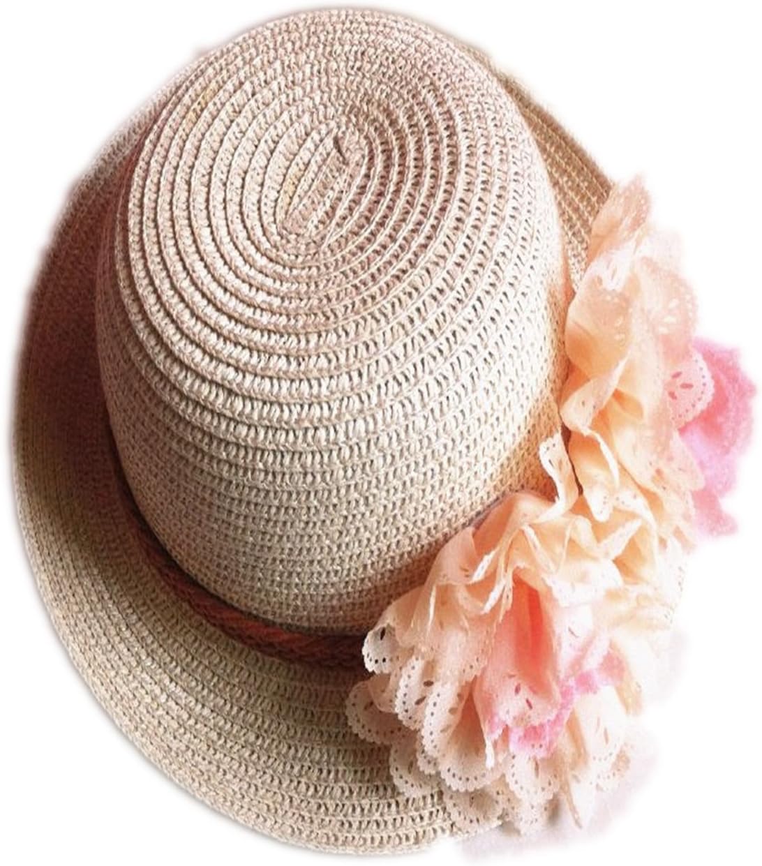 Rejected all traditions Lightweight Beige Floppy Two Flowers Straw Beach Sun Hat Cap for Kids Girls