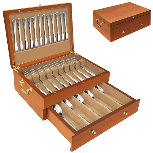 Silverware Storage Box Solid Wood with Lid, Silverware Organizer with