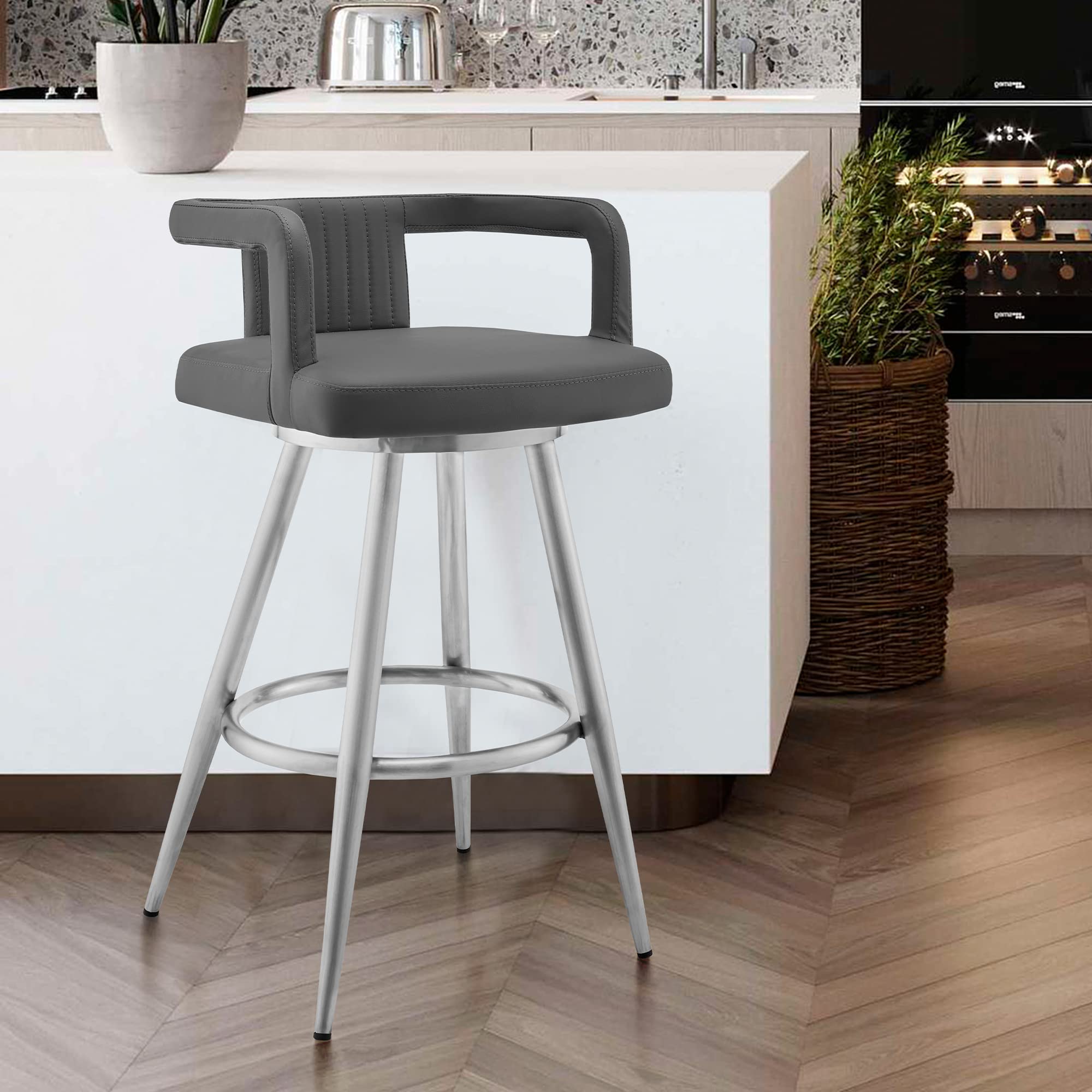Armen Living Gabriele 30" Gray Faux Leather and Brushed Stainless Steel Swivel Bar Stool