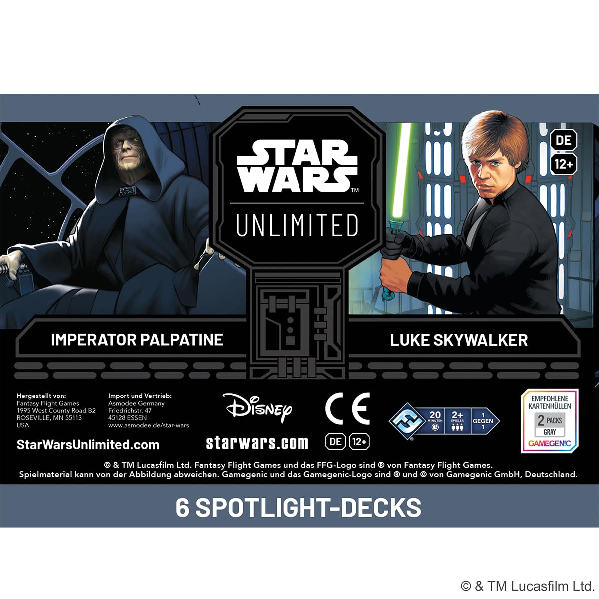 Asmodee - FFG - Star Wars: Unlimited Trading Card Game - Cenizas del Imperio - Booster Display 6 Starter Decks: Luke Skywalker & Imperator Palpatine - TCG, Edad 12+, 2+ Jugadores, 20 Minutos, alemán