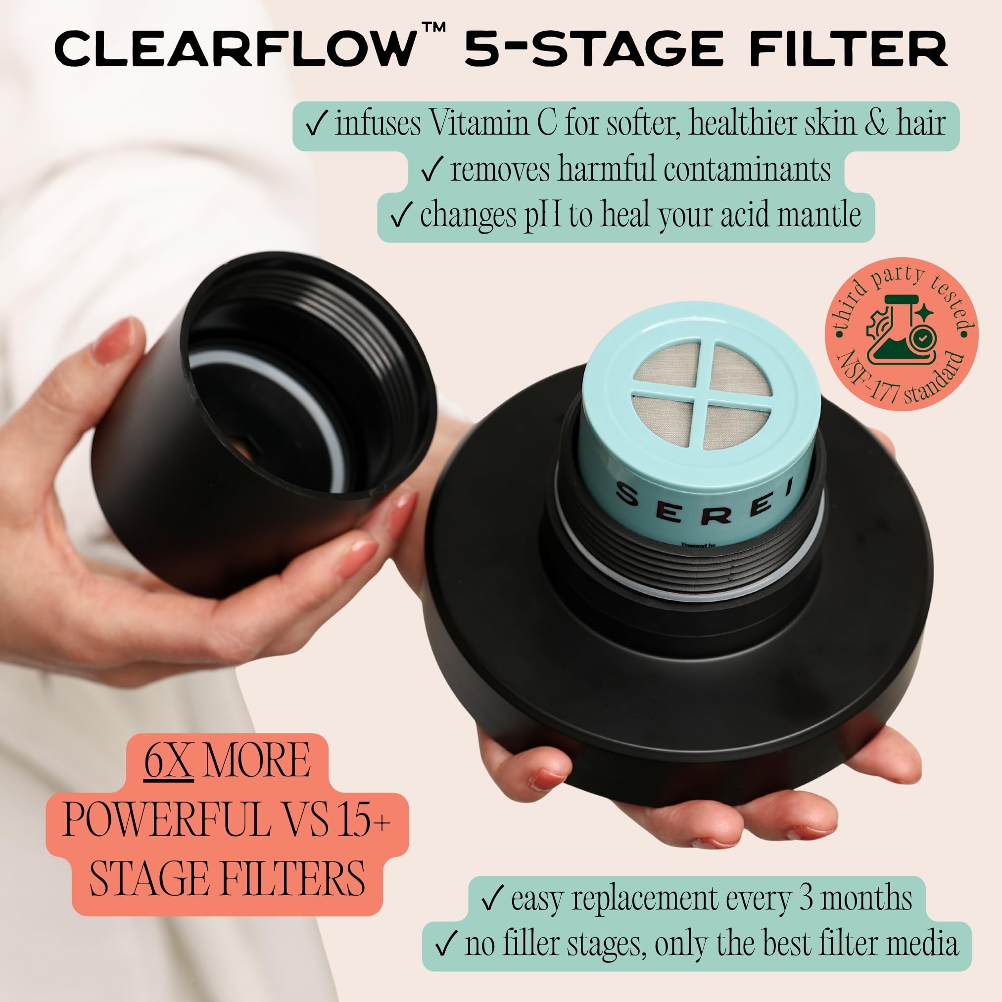 Serei Cabezal de ducha filtrado, reduce la piel seca, la caspa, el eccema y mejora la salud de tu piel, cabello y uñas, el mejor filtro de cabezal de ducha para cloro y agua dura (2.0 negro azabache)