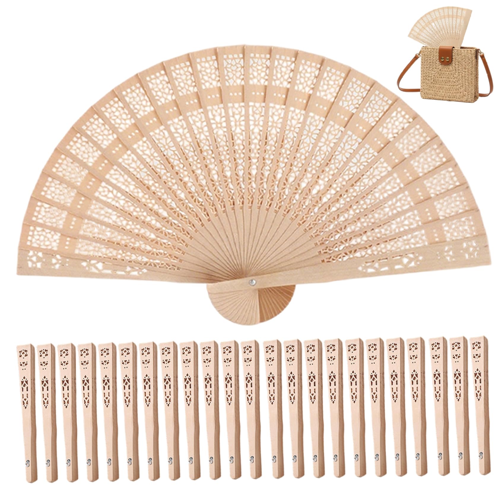 Éventails pliants en bois de santal naturel et sculpté à la main x25