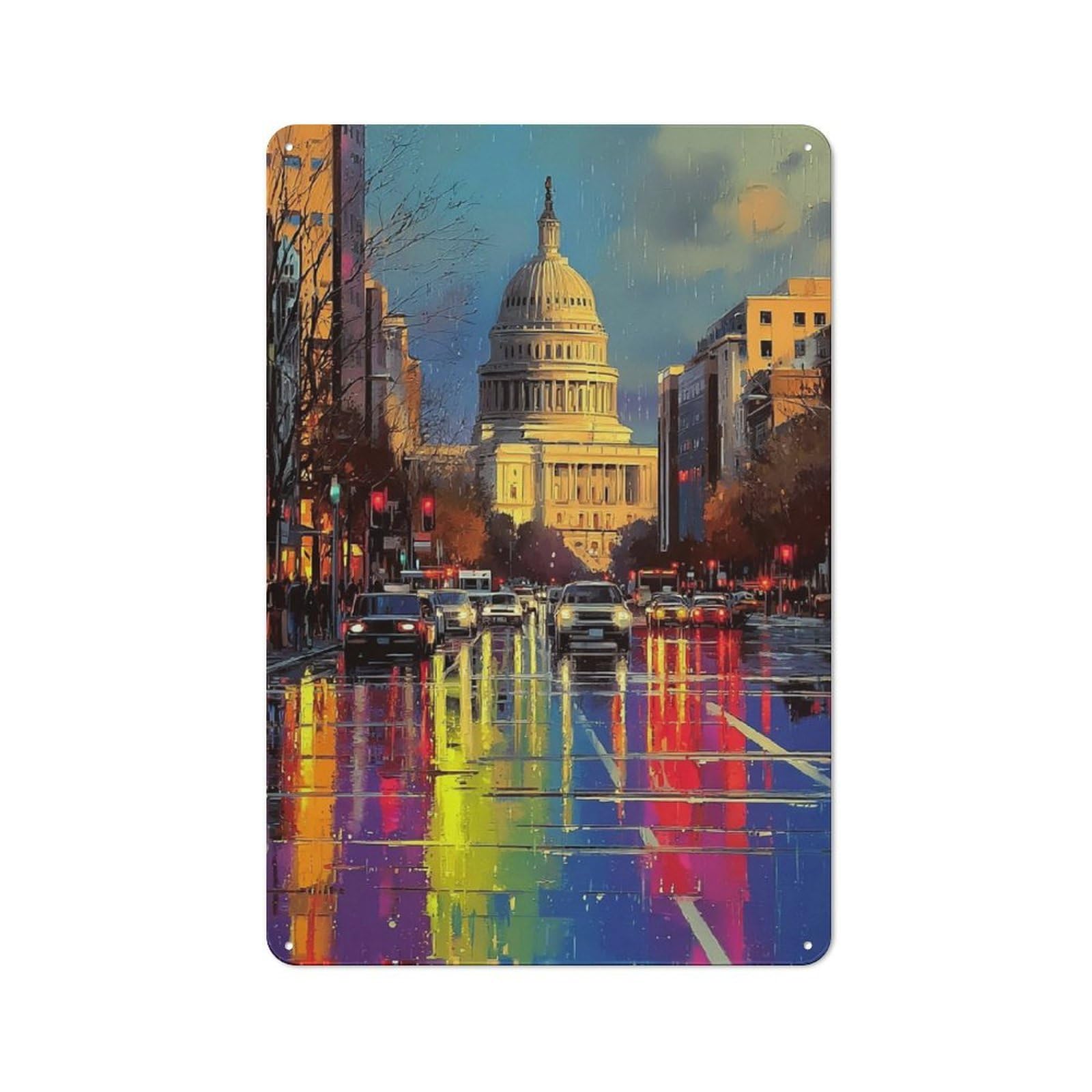 Junmoney Rainy Night In Washington D.c. Nostalgic Metal Wall Sign 30X20cm, Classic Pub Decor For Bar, Kitchen, Garage Or Games Room