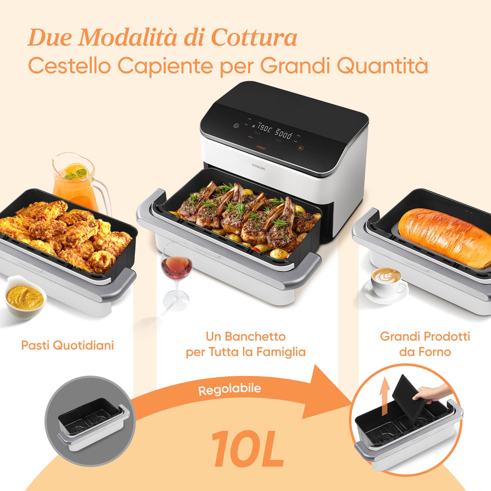 COSORI Frytkownica powietrzna 10 litrów, 7 w 1 Dual Blaze TwinFry z podwójnym koszem 5 l i 5 l i zdejmowanym separatorem, WiFi 2800 W Air Fryer z podwójną rezystancją, 40-240 ℃, 70 przepisów online