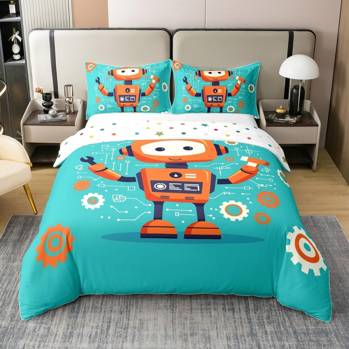 Cartoon Super Robot Bedding Set Twin Size Vintage Machine Comforter Cover for Boys Girls Watercolor Sci-Fi Robot Bed Set Pastel Beige Khaki 100% Cotton Duvet Cover with 1 Pillowcase(No Comforter)