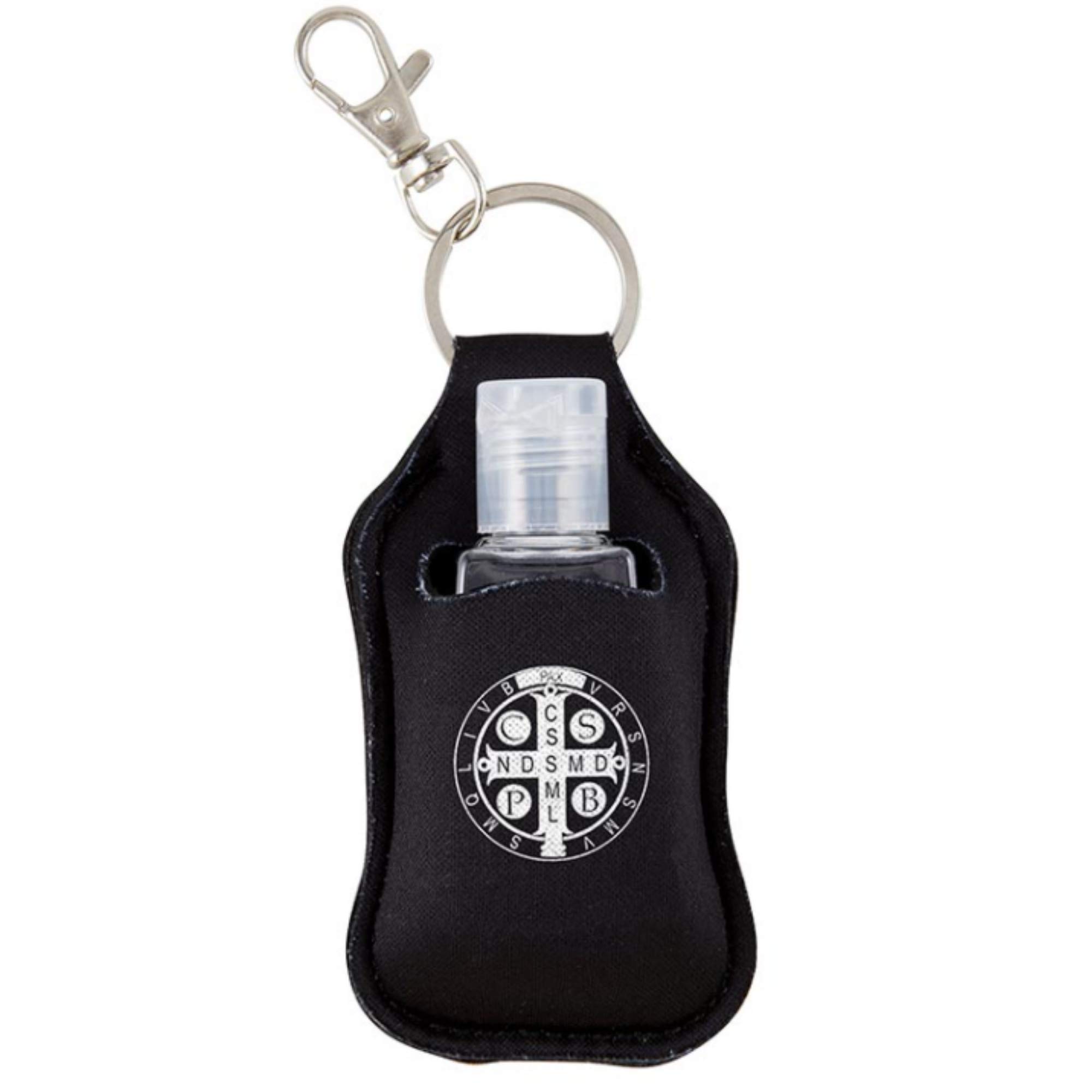 Saint Benedict Key Chain with Refillable Travel Size Squeeze Bottle, Religious Accessory for Keys, Backpack, Lanyard, 1 Ounce