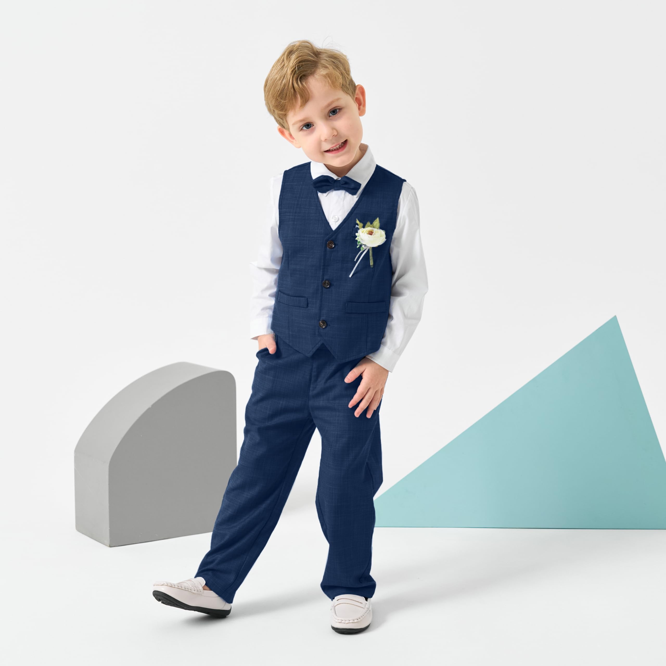 Volunboy Completo Elegante Bambino, Ragazzi Cerimonia Nozze Vestito 4 Pezzi Maniche Lunghe Camicie + Papillon + Gilet + Pantaloni