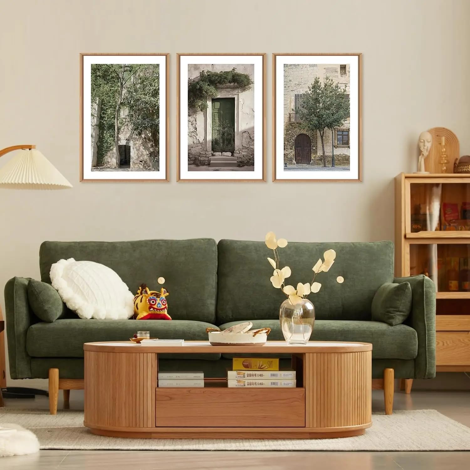 GOSRD Retro Urban Landscape Green Olive Trees Old House Canvas Prints Wall Minimalist Interior Home Decoration(30x50cm-3Pcs)