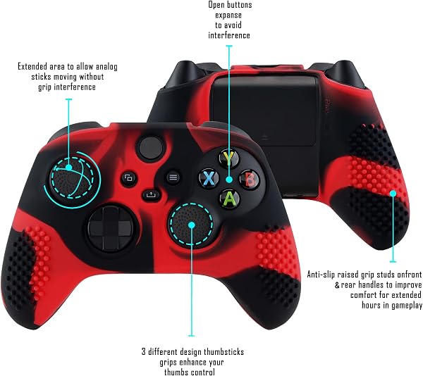 eXtremeRate PlayVital 3D Studded Edition Anti-Slip Silicone Cover Skin for Xbox Series X Controller, Soft Rubber Case Protector for Xbox Series S Controller with Black Thumb Grip Caps - Red & Black - 3
