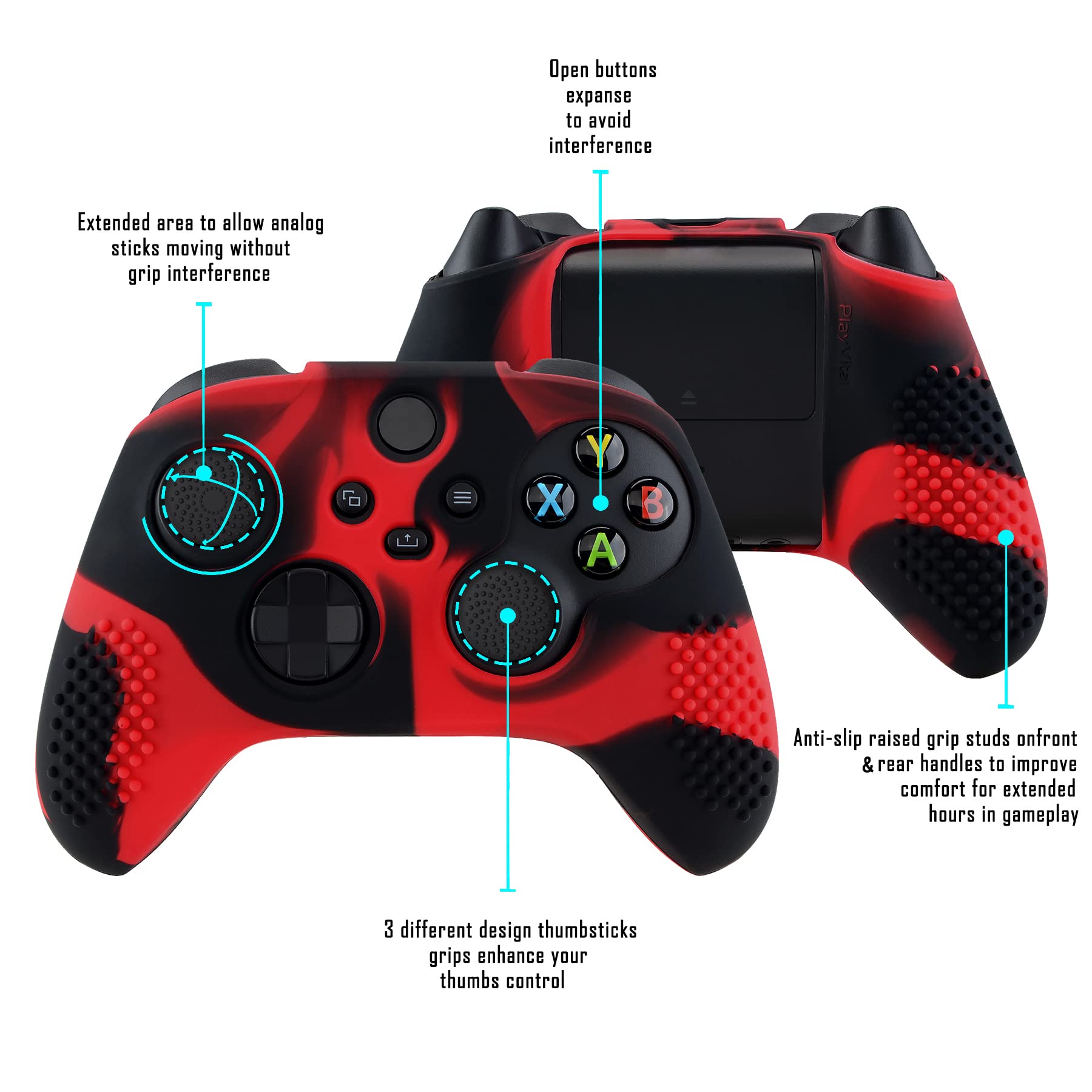 eXtremeRate PlayVital 3D Studded Edition Anti-Slip Silicone Cover Skin for Xbox Series X Controller, Soft Rubber Case Protector for Xbox Series S Controller with Black Thumb Grip Caps - Red & Black - 3