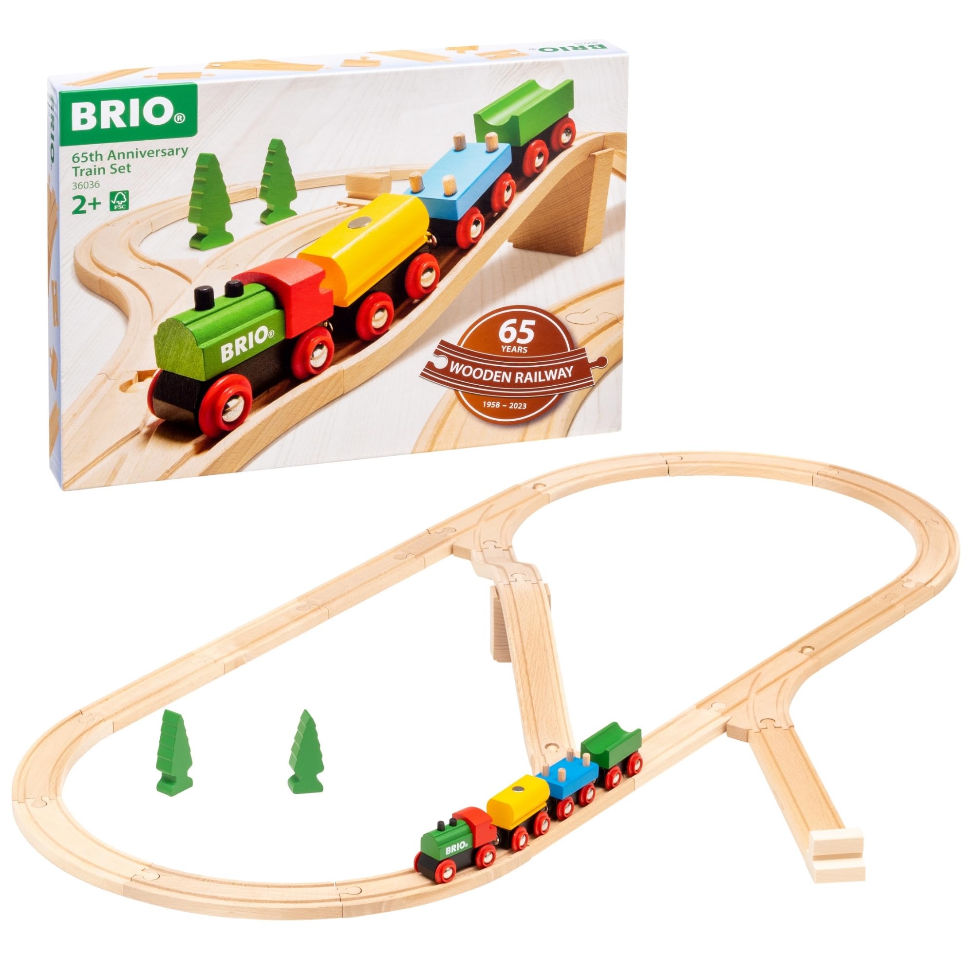 BRIO Classic 65th Anniversary Wooden Train Set - 32-Piece FSC-Certified Wood Train Set - Includes Wooden Trains, Wagons, Bridge & Tracks - Compatible Classic - Kids Ages 2 & UpThe Forest Stewardship Council