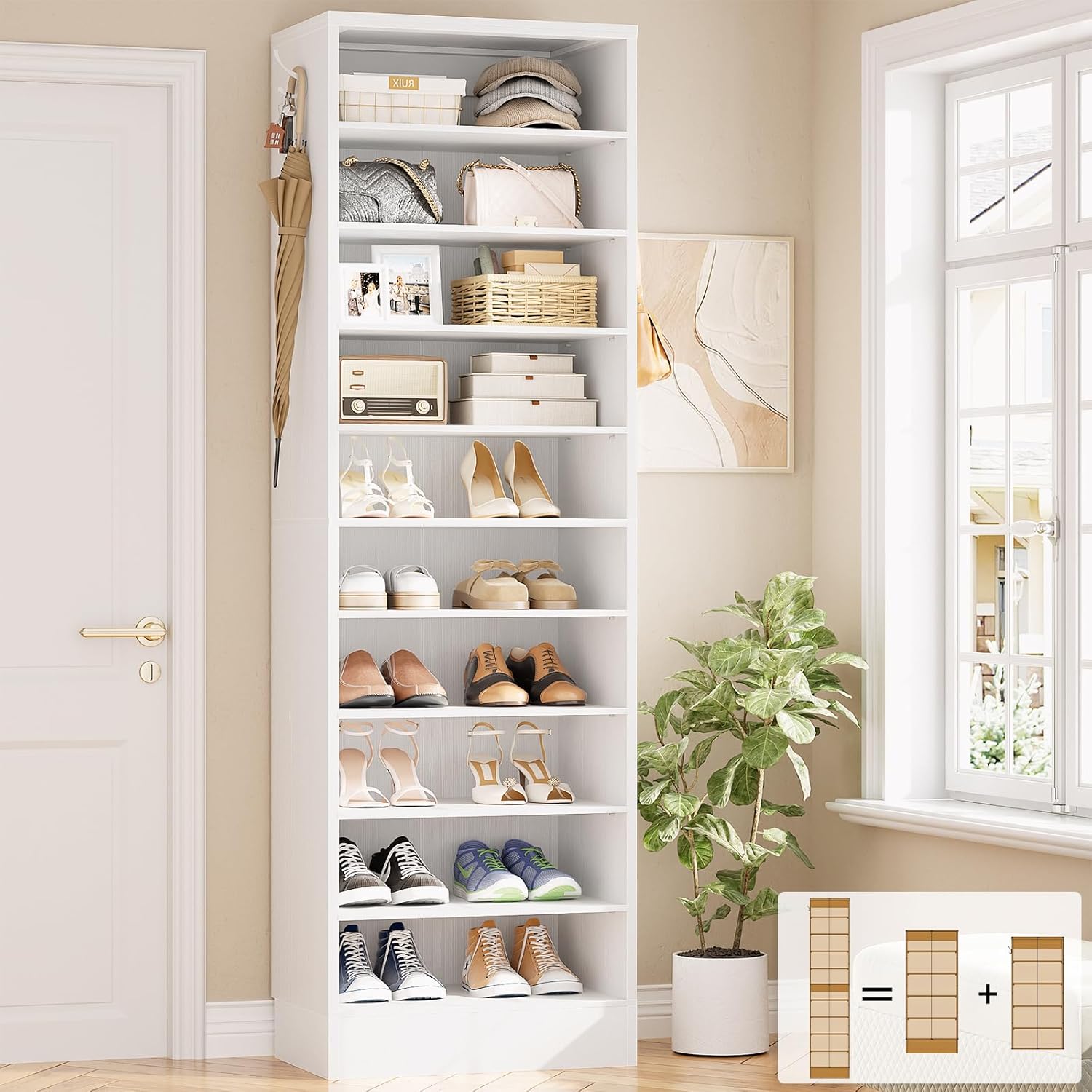 Aheaplus Narrow Shoe Cabinet, 10 Tiers Tall Wood Shoe Rack, Shoe Storage Organizer with Open Storage, Vertical Shoe Shelf Tower for 20-22 Pairs, Space Saving, for Closet, Entryway, Bedroom, White
