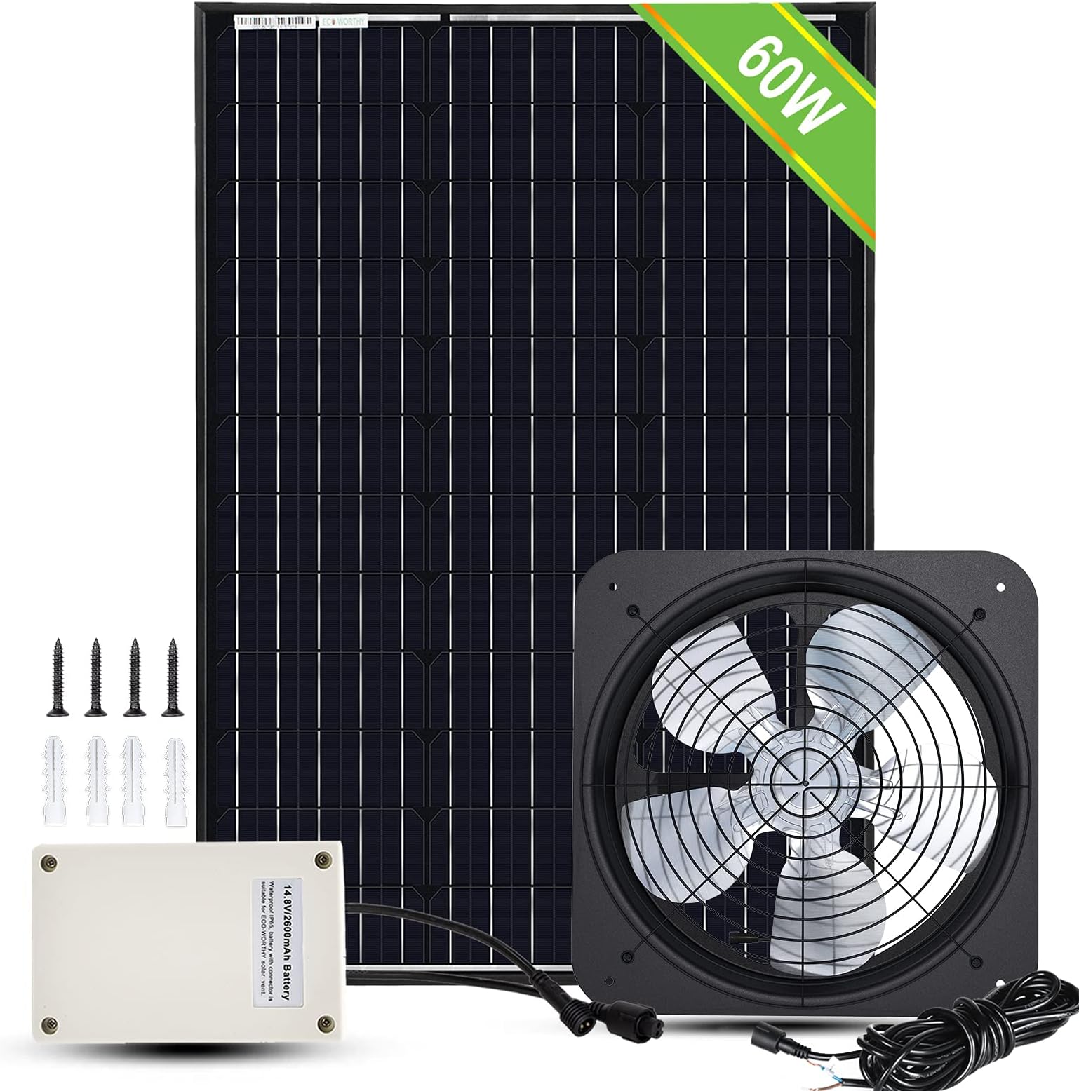 60-Watt Solar Attic Gable Fan Kit, Powerful 14" Fan Housing and 60W Solar Panel, Solar Attic Fan Cools, Ventilates Cool Your House, Garage or Chicken Coop