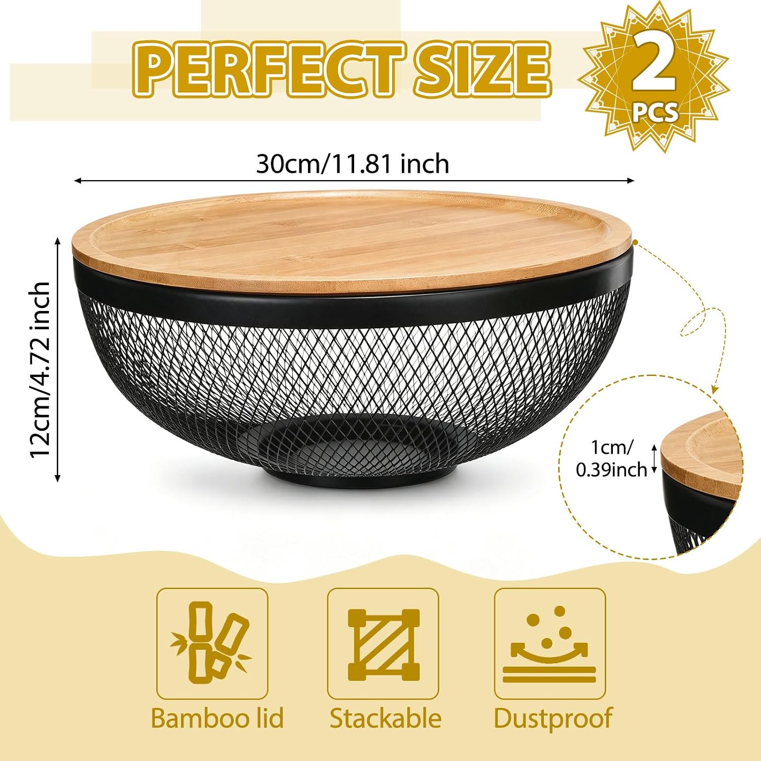 2 Pack Mesh Fruit Basket Bamboo Lid, Black, 11.81 x 4.72 Inches image 2