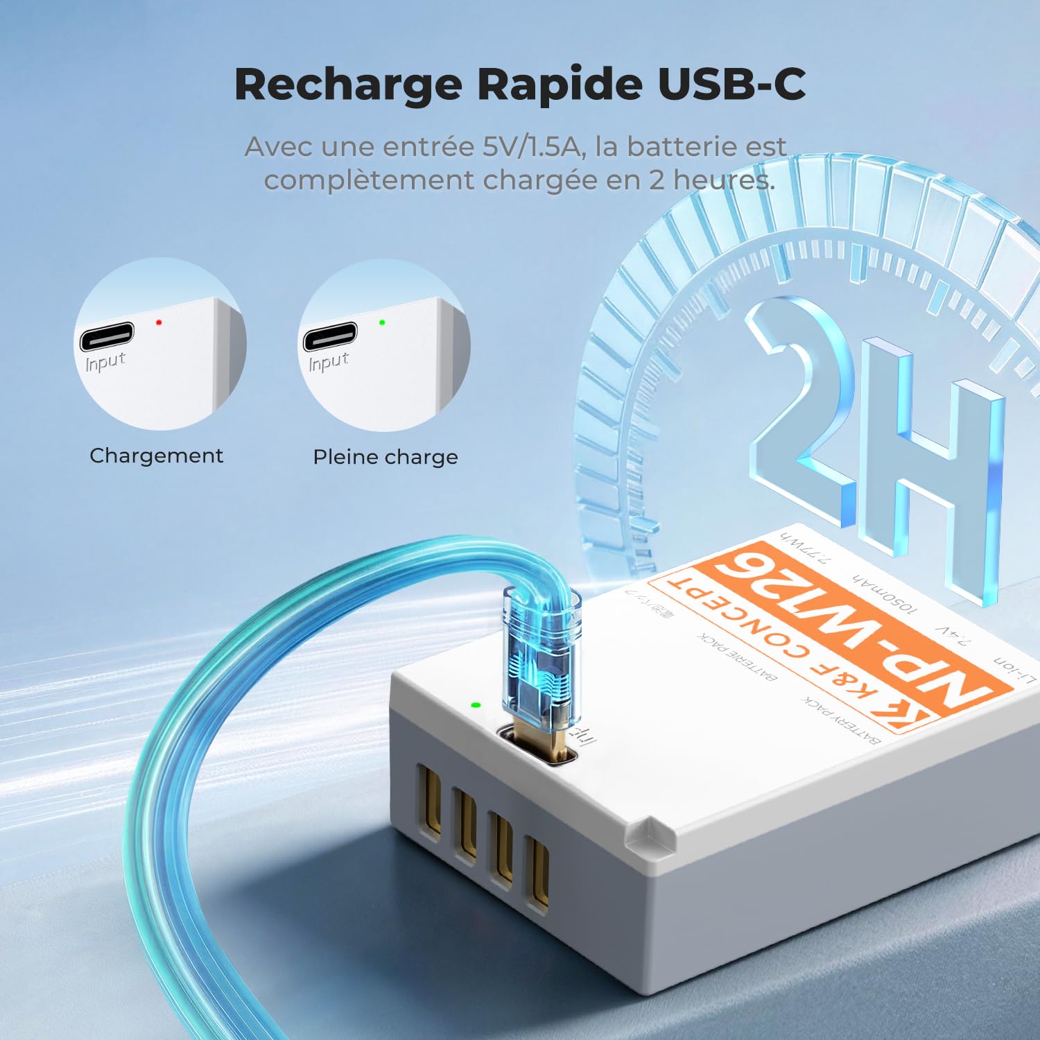 K&F CONCEPT NP-W126 NP-W126S Batterie et USB C Chargement Rapide Compatibles avec Fujifilm XM5, X100VI, X100V, XS10, XT30, XT30 II, XT20, XE4, XE5, A5,X Half(HF1)