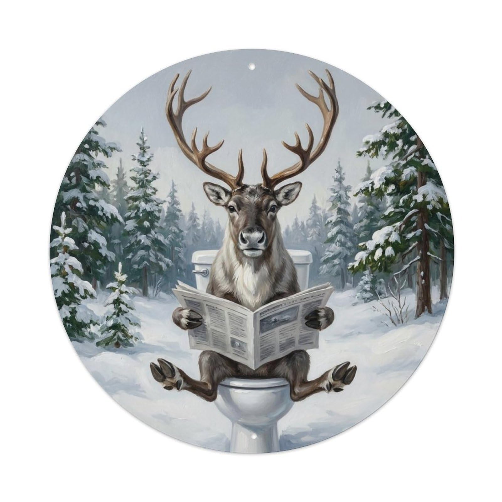 Reindeer On Toilet Humorous Bathroom Snowy Forest Reads Metal Tin Sign