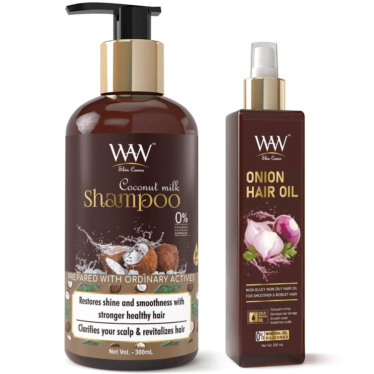Waw Skin Cosmo Coconut Milk Shampoo - 300 ML and Red Onion Hair Oil - 200 ML Best Hair Care Combo Kit (2 Items In The Set)