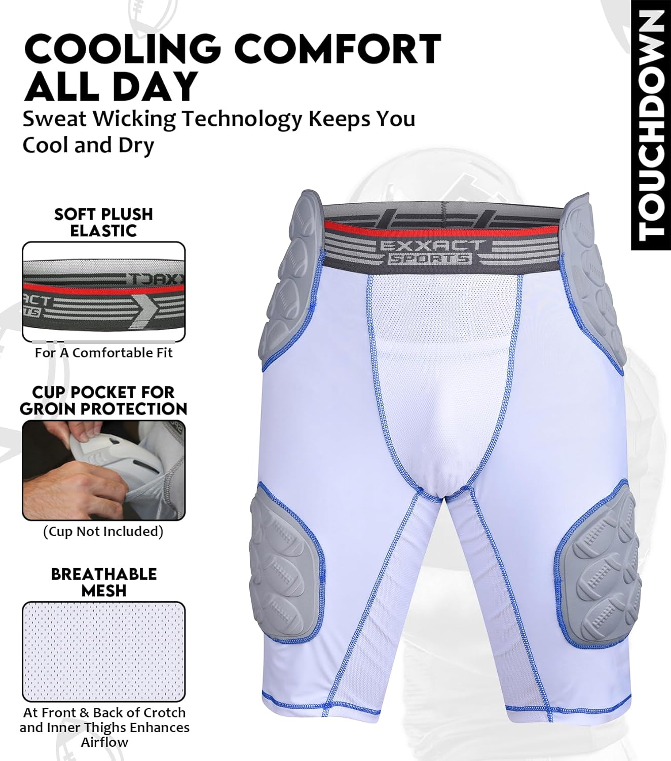 Exxact Sports Touchdown 5-Pad Adult Football Girdle for Men with Cup Pocket, Lightweight Padded Compression Shorts with Integrated Hip, Thigh, Tailbone Pads, Men's Girdle Football
