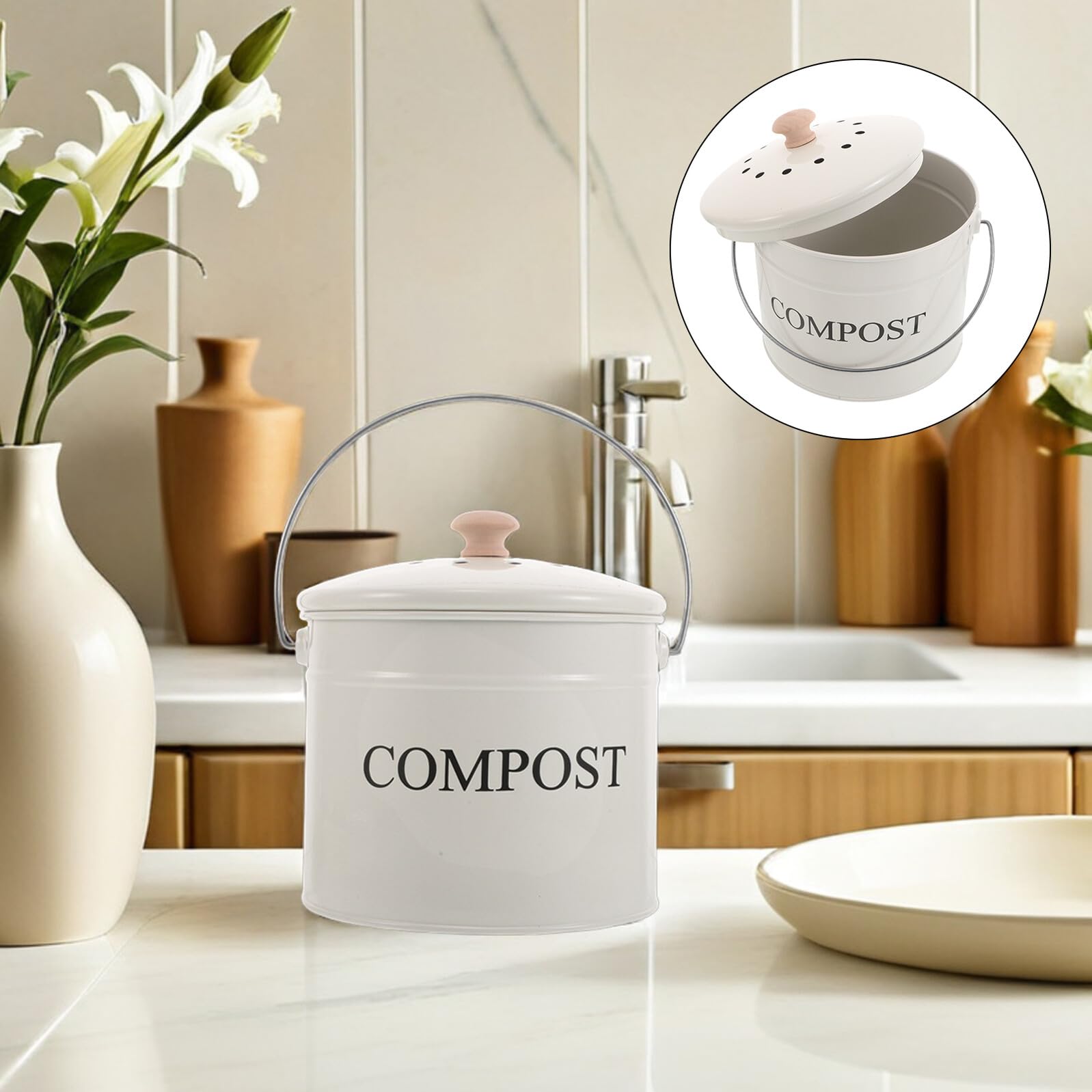 Toyvian Großer Komposteimer aus Verzinktem Stahl mit Deckel und Geruchsfilter für Küchenabfälle und Biomüll Platzsparendes Design Einfache Reinigung für Garten und Wohnung