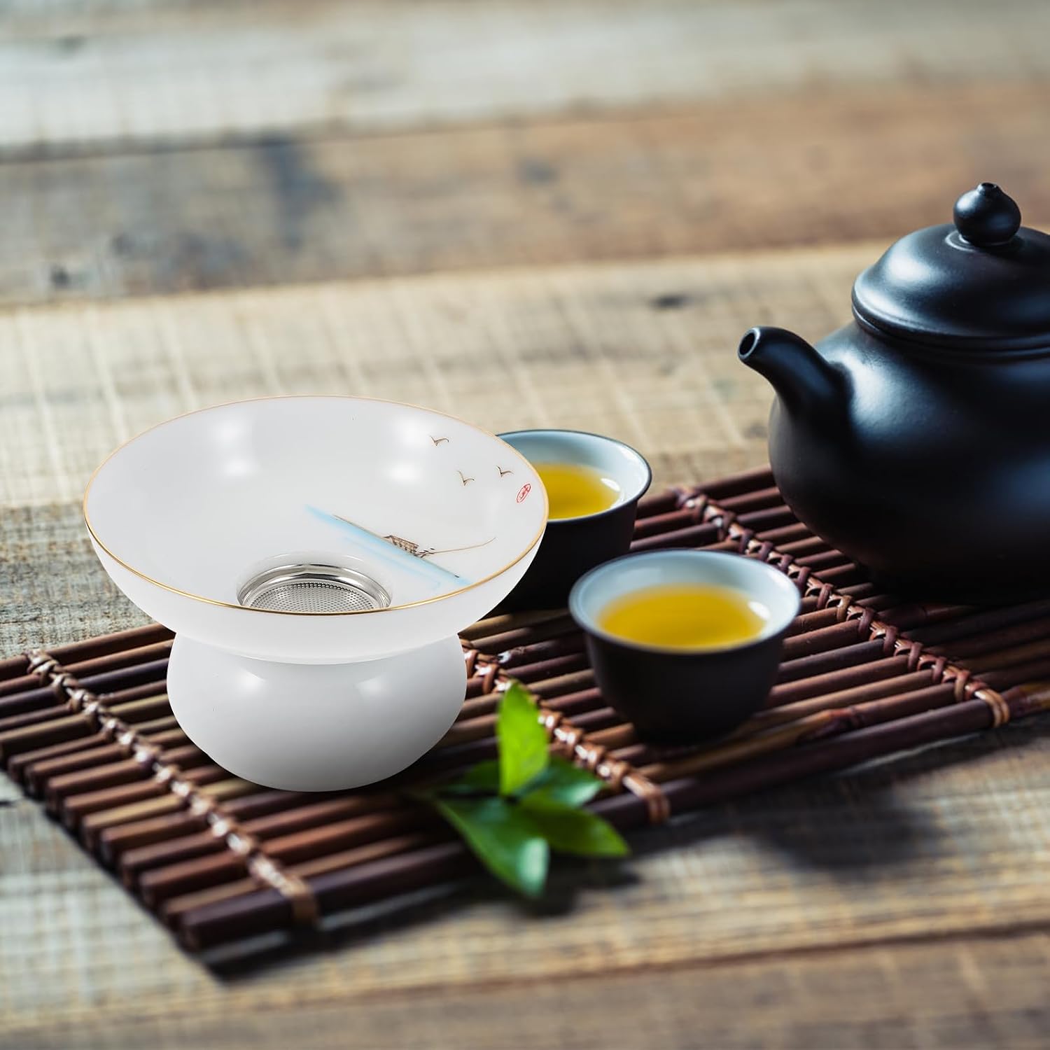 PRETYZOOM Ceramic Tea Filter with Support Stand Tea Strainer for Loose and Gongfu Ceremony Porcelain Infuser Accessory for Home Office Desktop 3.93 X 3.93 X 2.55 in