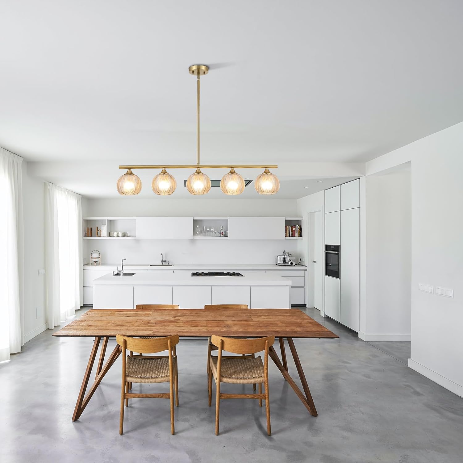 Modern Brushed Brass Linear Chandelier Amber Ribbed Glass Shade 5-Lights Gold Mid Century Sputnik Globe Pendant Light Farmhouse Ceiling Hanging Light Fixture Dining Room Kitchen Island
