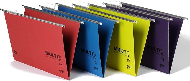 Rexel Foolscap Suspension Files with Tabs and Inserts for Filing Cabinets, 15 mm V-base, 100 Percent Recycled Manilla, Assorted Colours, Multifile Plus, Pack of 10, 92807