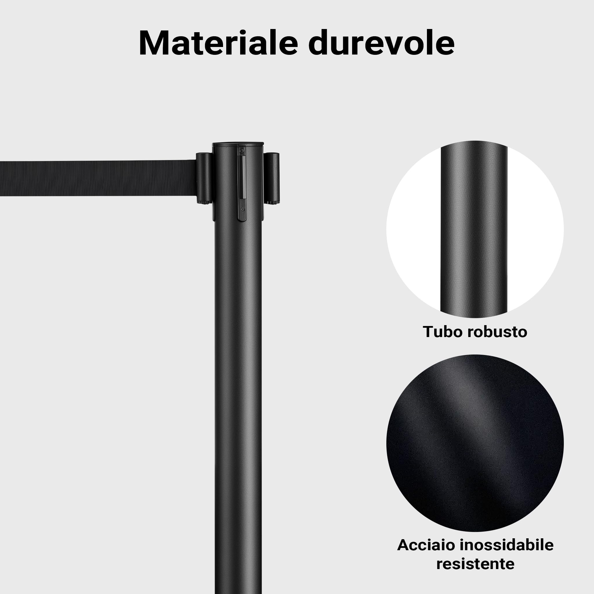 Wiltec Colonnine tendinastro 320 x 70 x 900 mm, Set 2 paletti delimitatori in acciaio con nastro nero