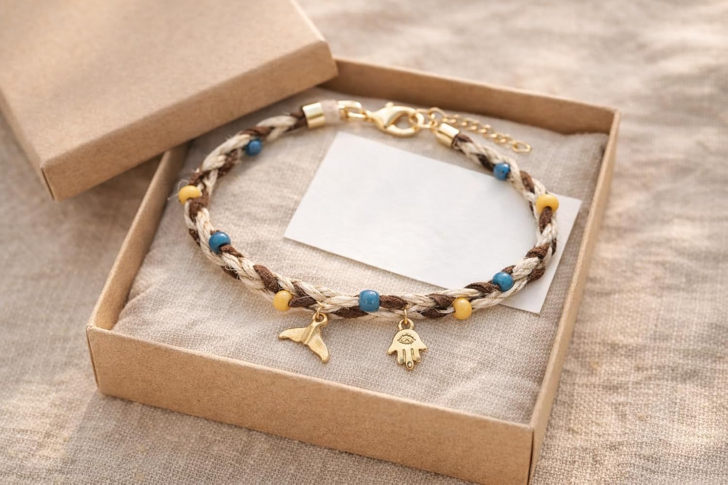 Natural Hemp Ankle Bracelet with Various Charms, Braided Leather Anklet