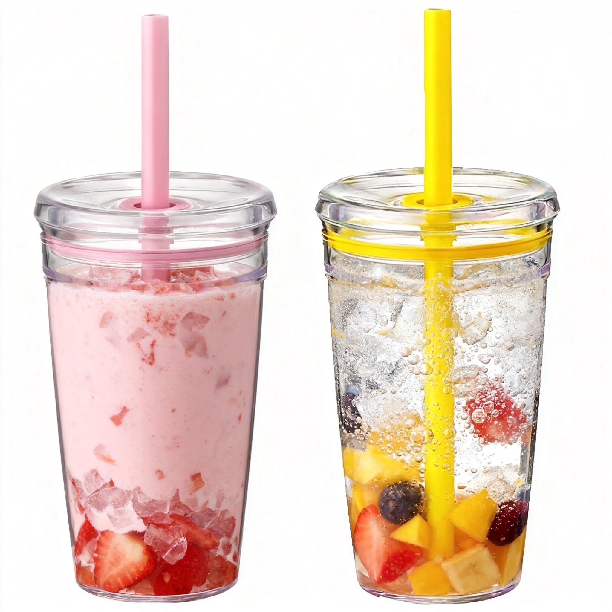 Yisituo 2 Pack 450ml Clear Plastic Iced Coffee Travel Cups, Reusable with Lids and Straws, for Cold Hot Beverages (2, Pink, Yellow)