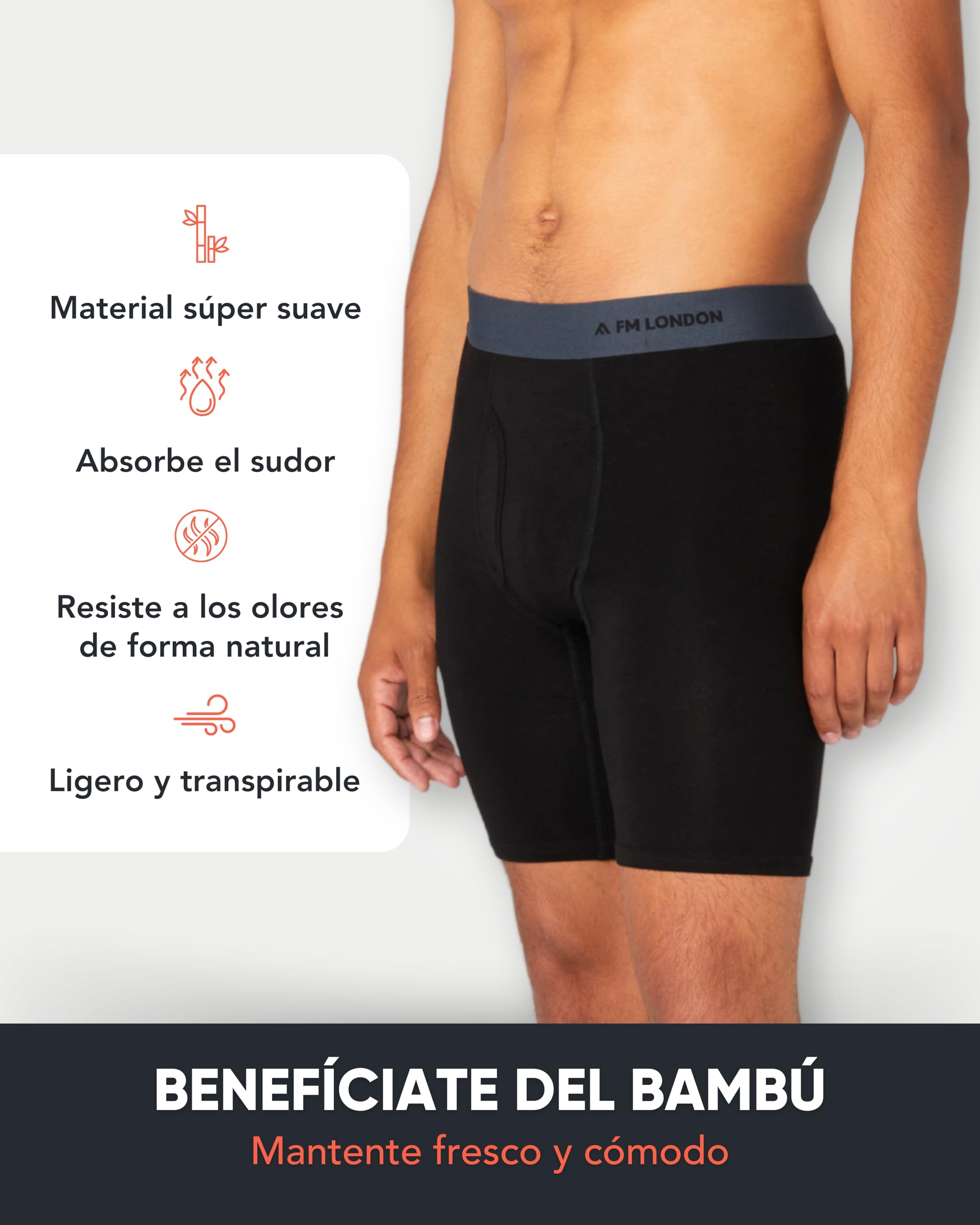 FM London Calzoncillos de Hombre Boxer, Pack de 4 - Boxer Largos para Hombre de Bambú Supersuaves, Transpirables y Antirrozaduras, con Abertura Frontal