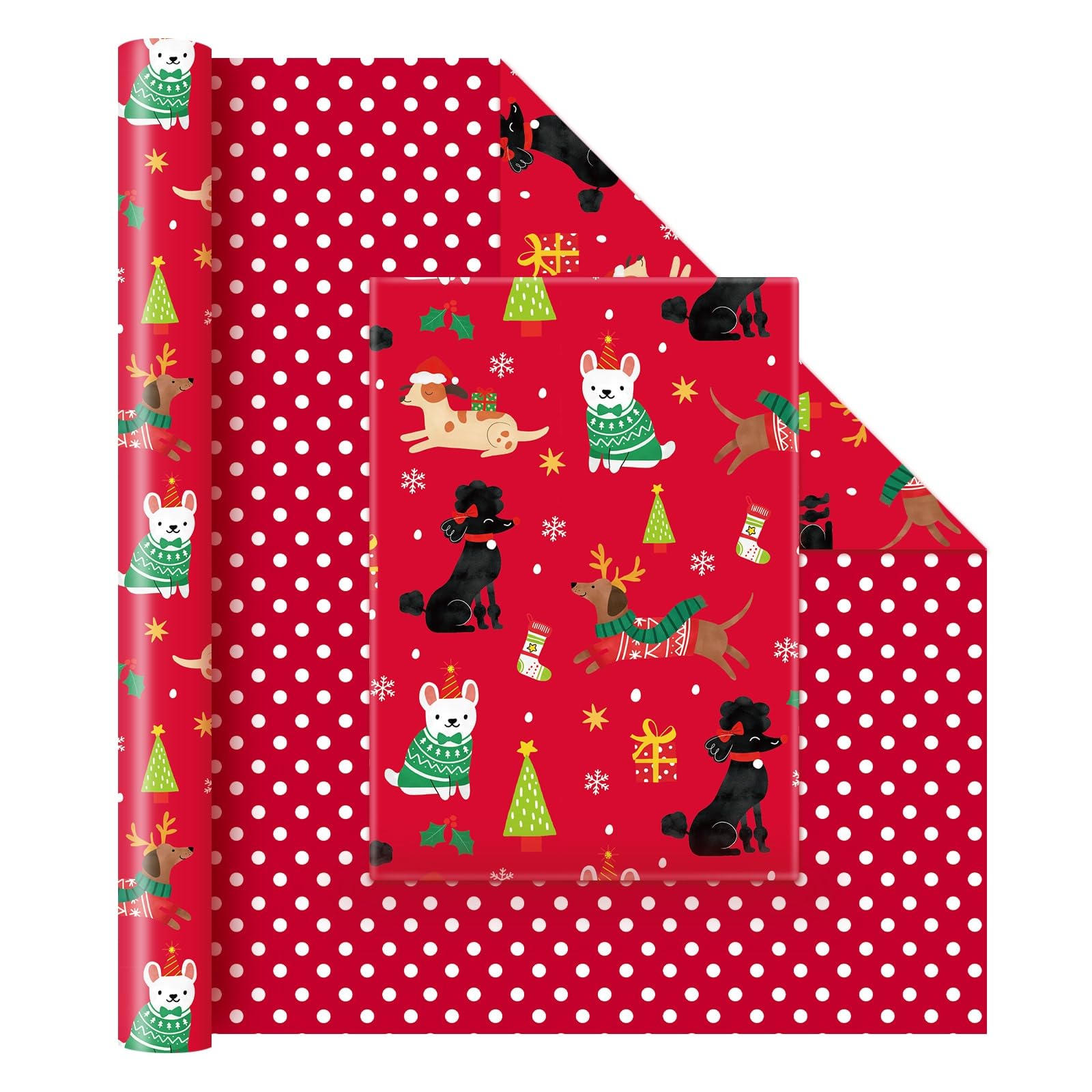 WERNNSAI Dog Christmas Wrapping Paper Jumbo Roll - 1 Roll 17” x 33 ft Puppy Red Kids Christmas Wrapping Paper Birthday Party Gift Funny Christmas Wrap Decoration Polka Dot