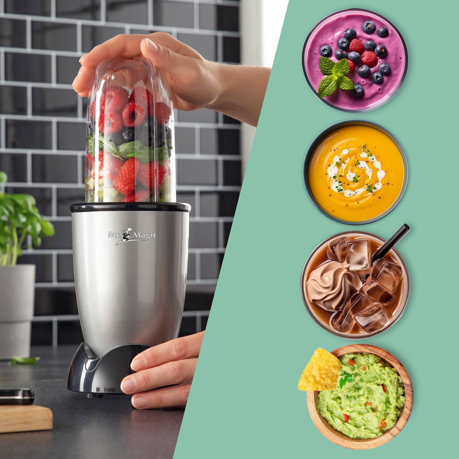 GOURMETmaxx Mr. Magic Mixer | Smoothie Maker z zestawem akcesoriów XXL | mikser stojący 18-częściowy | blender z pokrywkami utrzymującymi świeżość | Procesor do shake'ów, smoothies itp.