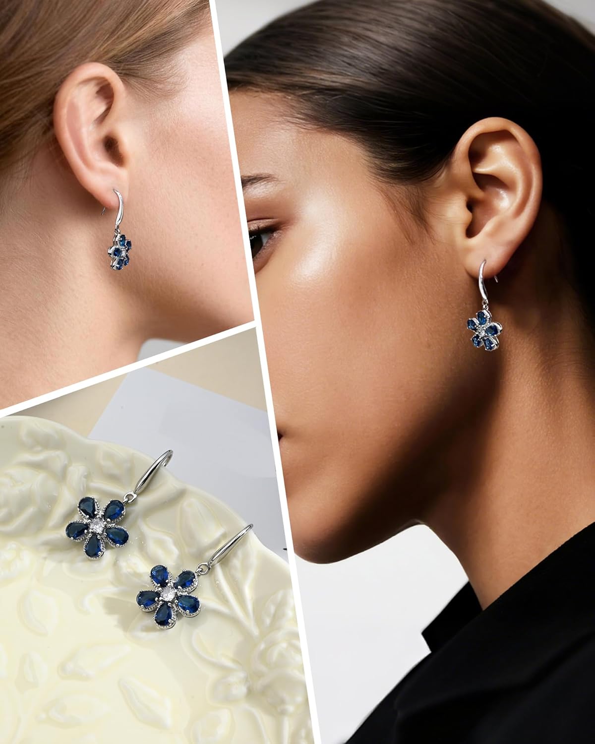 925 Sterling Silver Blue Sapphire Flower Earrings for Women, Hypoallergenic Birthstone Drop Dangle Jewelry Blue Floral Earrings for Women Gifts - Image 5