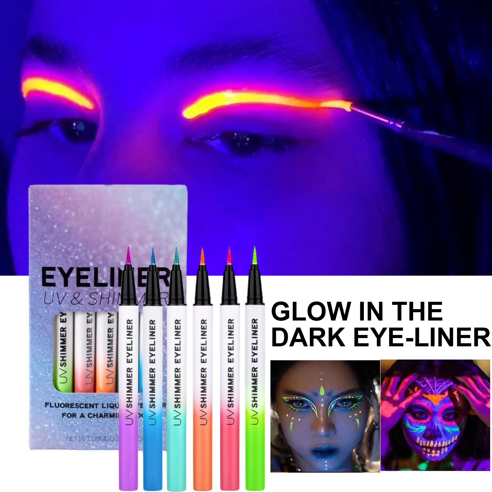Eyeliner Fosforescenti Penna Trucco Eyeliner Gel Liquido Naturale Brillante | Occhi Impermeabile con Glitter e Tratto Liscio Set Donna 6 Pezzi per Performance Live, Dance, Quotidiano, Festa