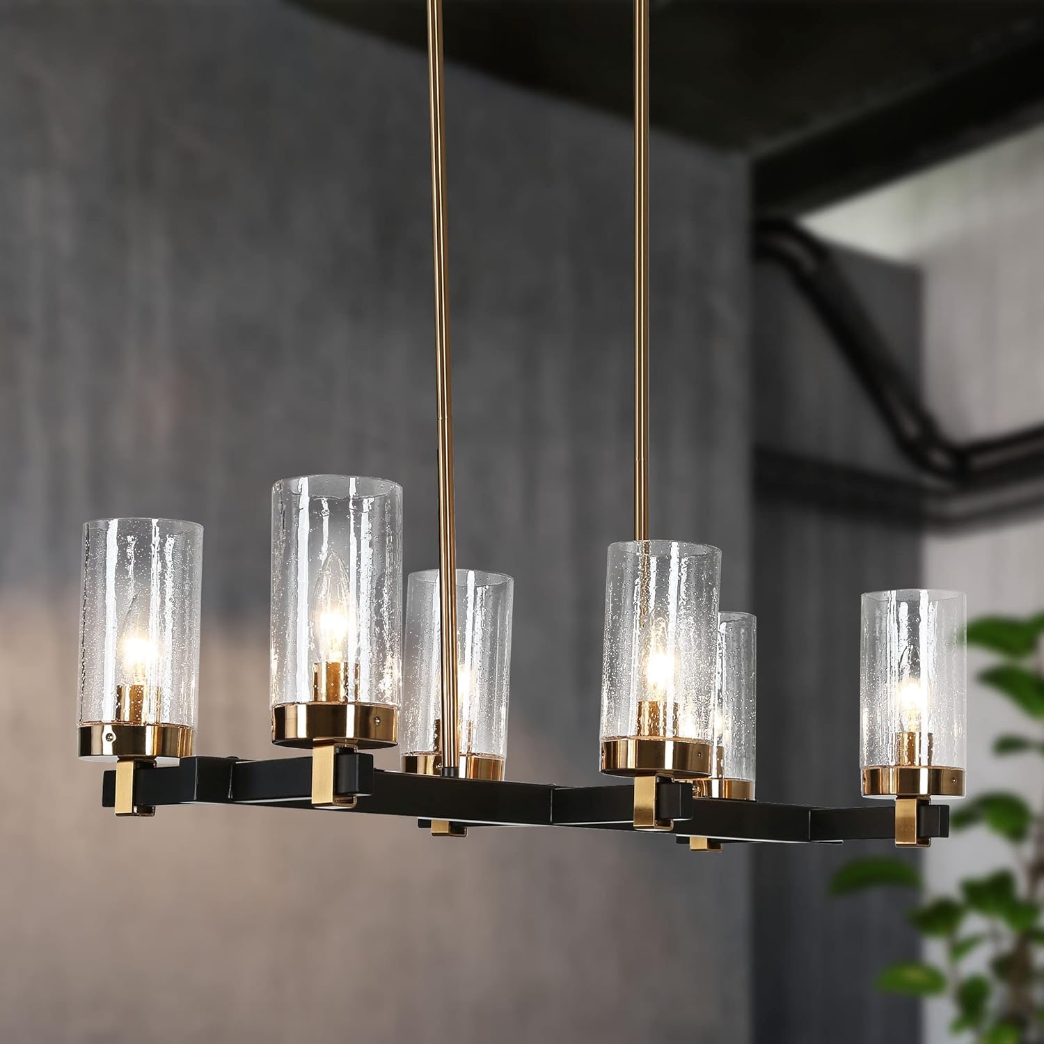 ZEVNI Chandeliers for Dining Room, 6-Light Black Gold Chandelier, Modern Kitchen Island Lighting with Seeded Glass Shade, 27" L