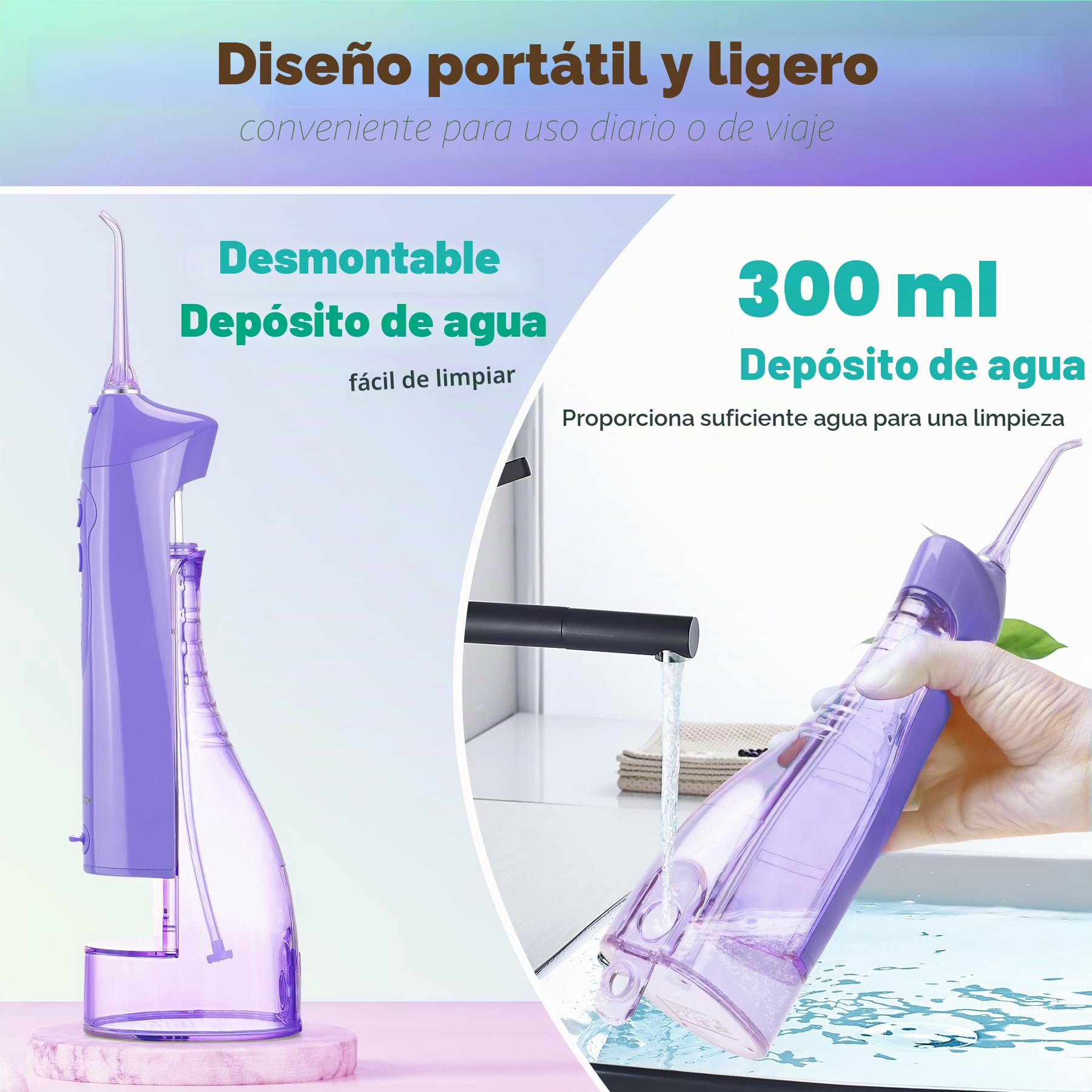 TOVENDOR Irrigador bucal eléctrico, irrigador bucal dental recargable inalámbrico IPX7, impermeable, 300 ml, limpiador de dientes de agua de viaje con 5 puntas para el cuidado de los frenos, limpieza