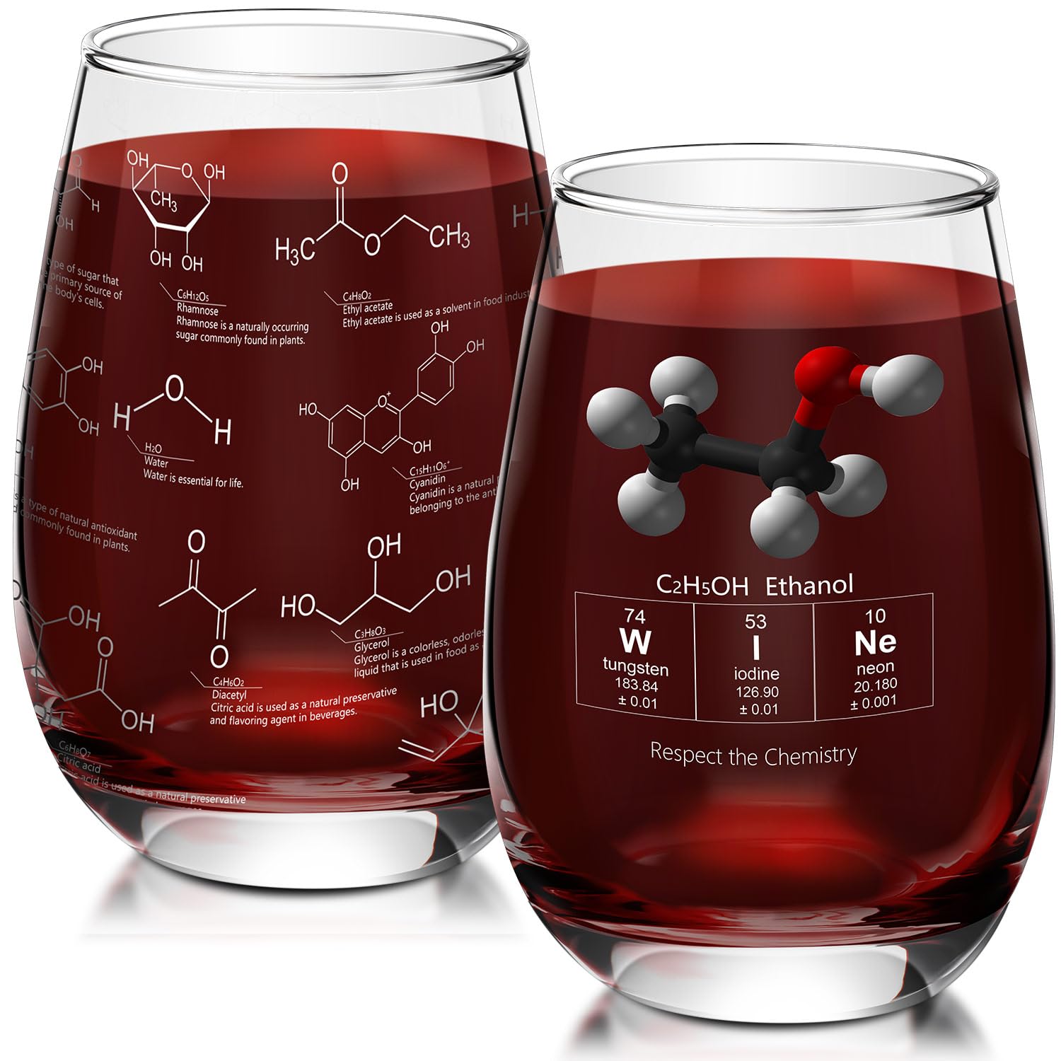 Yungyan 2 copas de vino sin tallo de 15 onzas de grosor, cristalería de química, vasos de ciencia grabados con moléculas de química del vino, vasos de ciencia de vino, vasos de química, regalo de