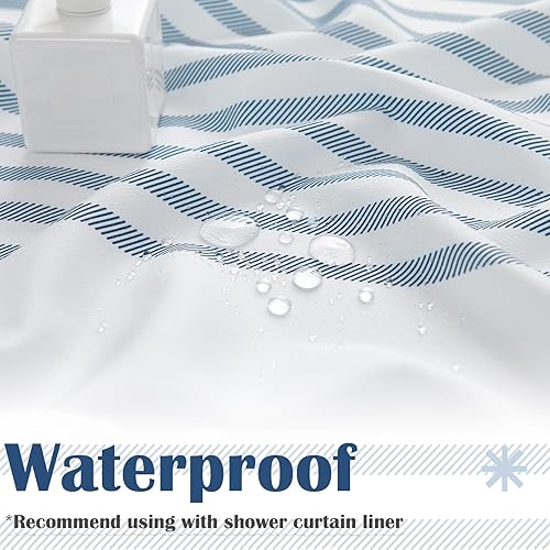 Miniatura 5 de jinchan Cortina de ducha blanca con rayas azules, cortina de ducha moderna para baño, repelente al agua de verano en baño, cortina de ducha de 70 x