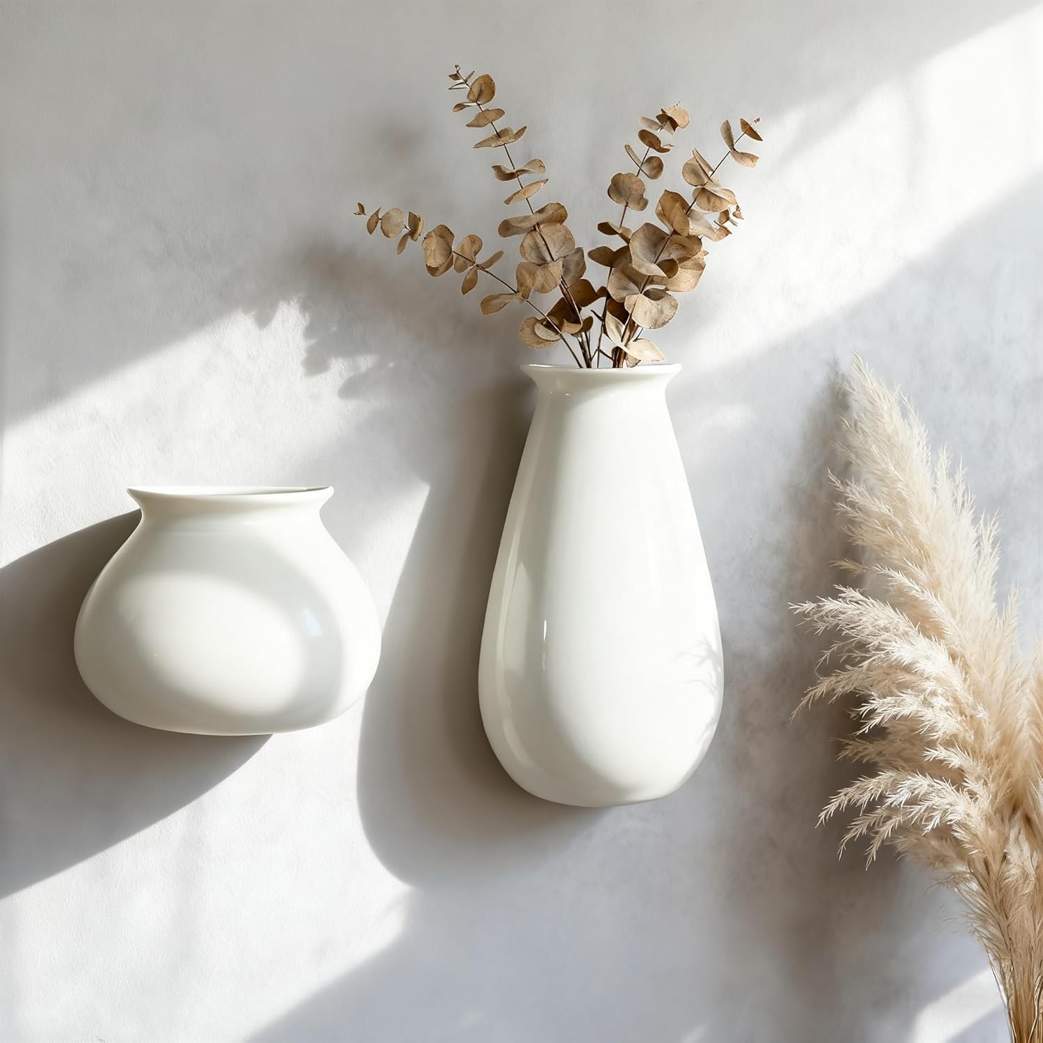 Wall Hanging Planters for Indoor Plants, Set of 2, Wall Mounted Vase for Home Decor, Modern White Wall Decor for Bathroom, Kitchen, Dining Room, Living Room