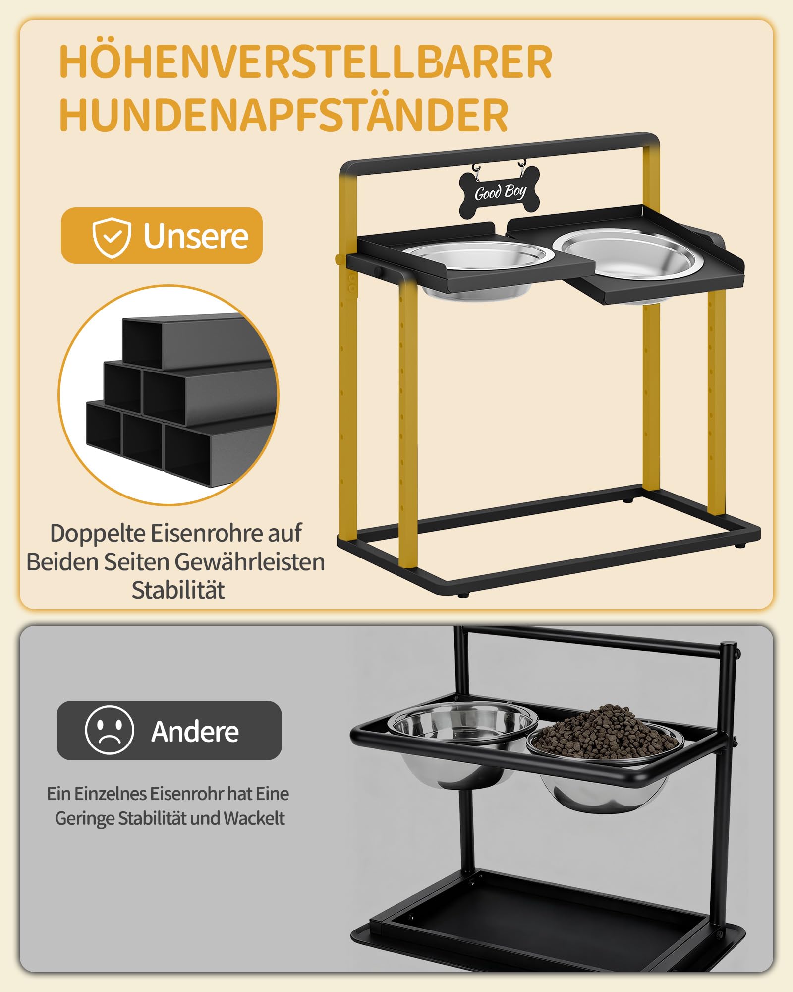 Hzuaneri Erhöhter Hundenapf, 6-Fach Höhenverstellbar, 2 x 2 L Edelstahlnäpfe (Winkel Separat Verstellbar), Geeignet für Kleine, Mittlere und Große Katzen und Hunde, Schwarz PB89099B