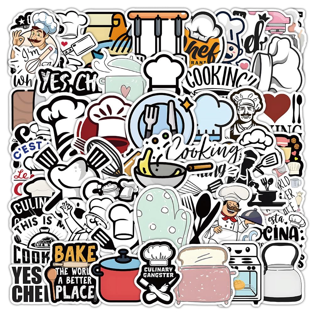Kaensc White Chef Stickers Pack Of 50 For Kitchen, Dining Room, Cabinets, Refrigerator, Laptop, Luggage, Guitar, Water Bottle, Bicycle, Suitcase, Skateboard, Chef's Career Waterproof Stickers For Teenagers