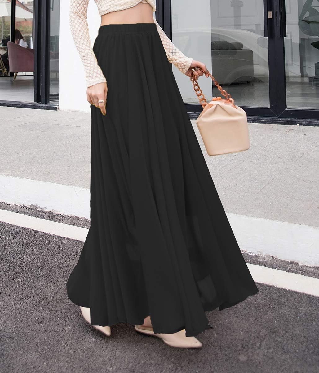 Women's Chiffon Elastic High Waist Maxi Skirt Pleated A-Line Flared Flowy Bohemian Skirts - Image 3