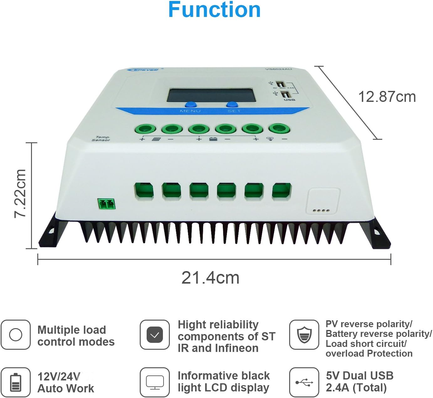 EPEVER Solar Charge Controller 60A 12V/24V Auto Work VS6024AU with Dual USB Ports Solar Panel Battery Regulator LCD Display for Solar System (60A)