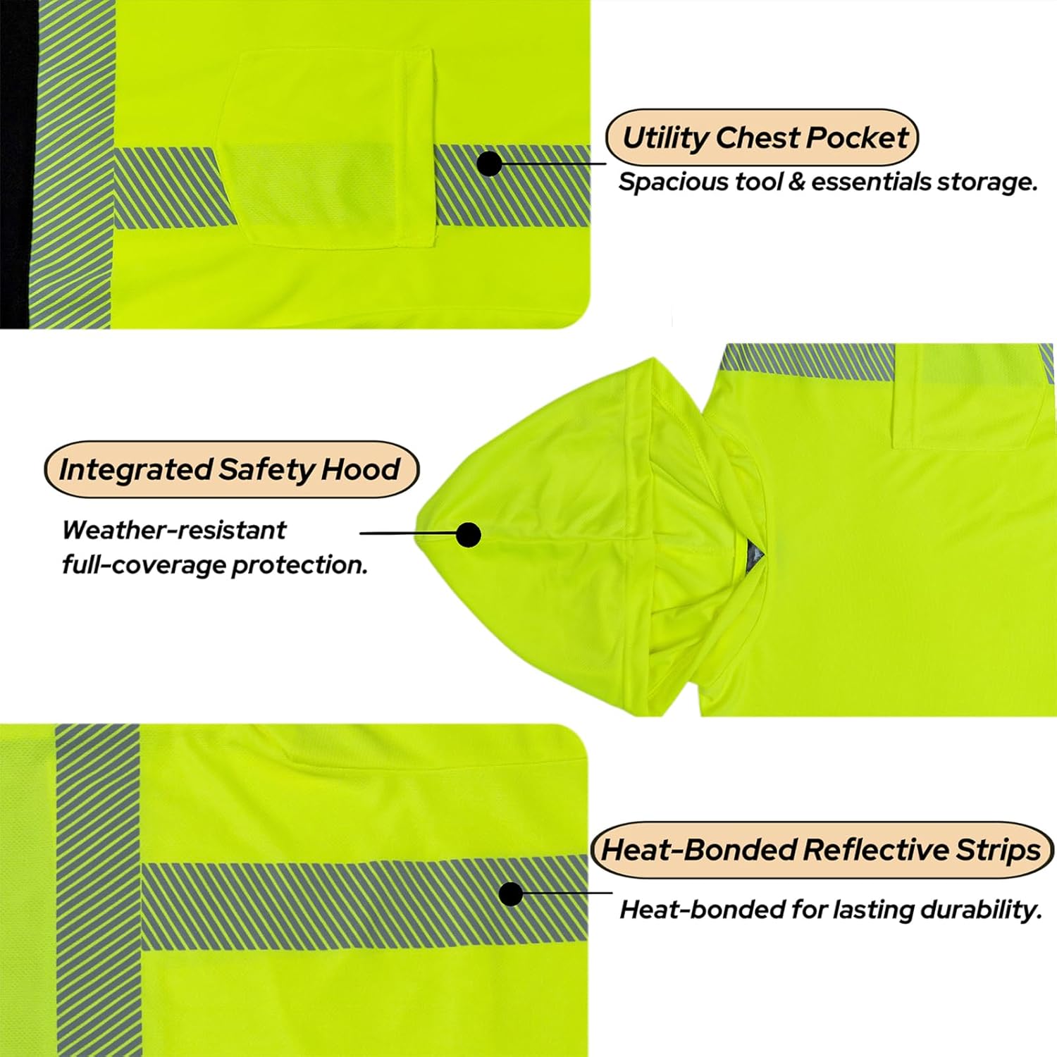 Hi Vis Long Sleeve Safety Shirts for Men Class 3 ANSI Reflective Work Shirt with Hood for Construction - Image 3