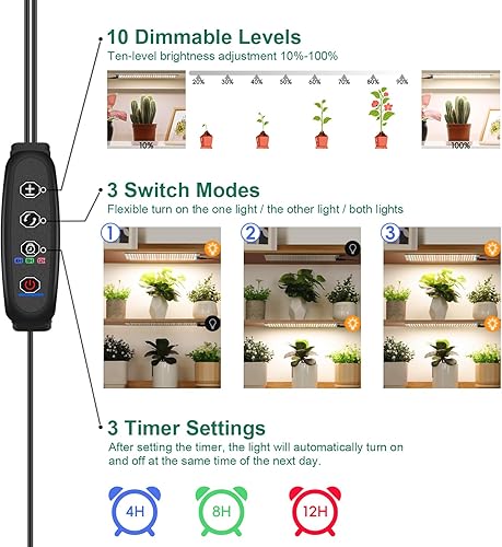 Miniatura 17 de LBW Luz LED de crecimiento, luz de crecimiento de espectro completo con 4 niveles regulables y temporizador de encendido/apagado automático, lámpara