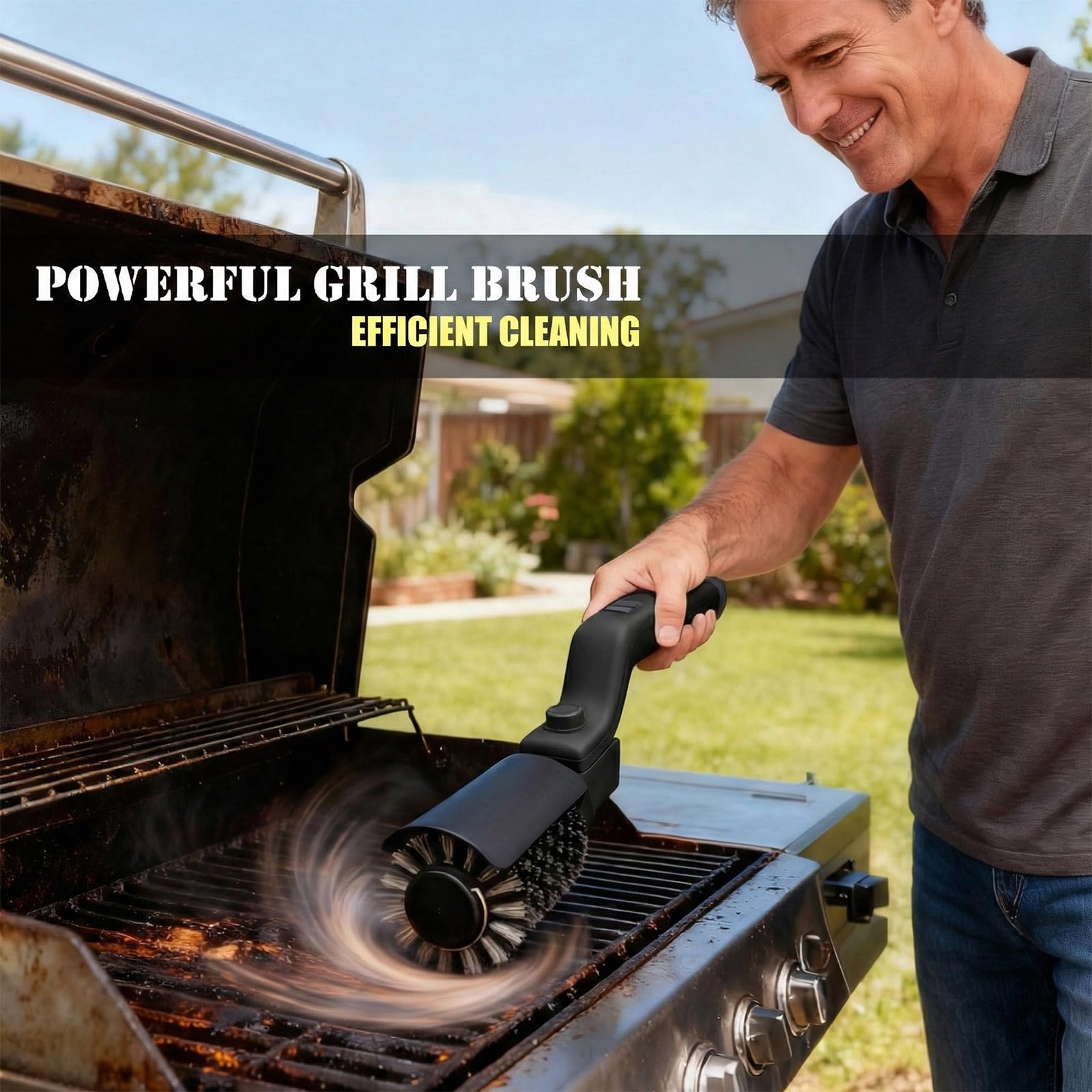 Spazzola Elettrica per Barbecue a Batteria – Testa Orientabile 180°, 3 Velocità, 90 Minuti Autonomia, Impermeabile, Teste Acciaio Inox e Nylon