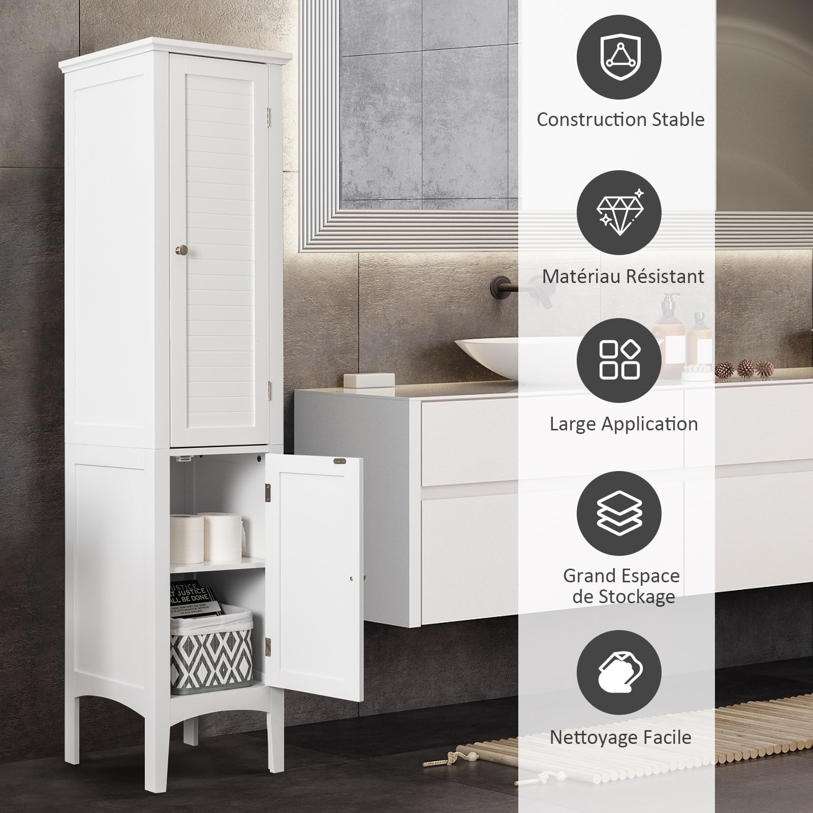 Costway Meuble de Rangement Salle de Bain, Meuble Colonne sur Pied avec Rangement à 5 Niveaux, Organisateur de Rangement pour Salle de Bains, Cuisine, Salon, 37 x 37 x 160 cm (Blanc) HW66805FR