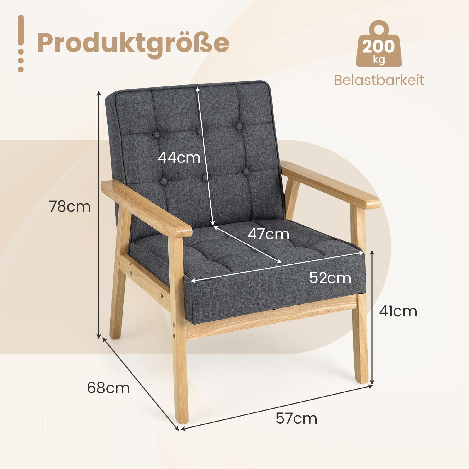 COSTWAY Fotel do salonu, tapicerowany, nowoczesne krzesło akcentujące z podłokietnikami z drewna gumowego, pojedyncza sofa do salonu, sypialni (kolor szary)