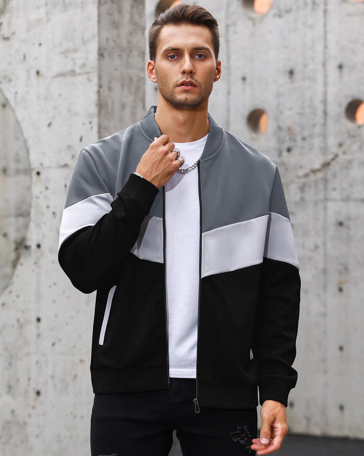 HYPESTFIT Mens Lightweight Jacket Casual Bomber Jacket Color Block Varsity Coat - Image 2