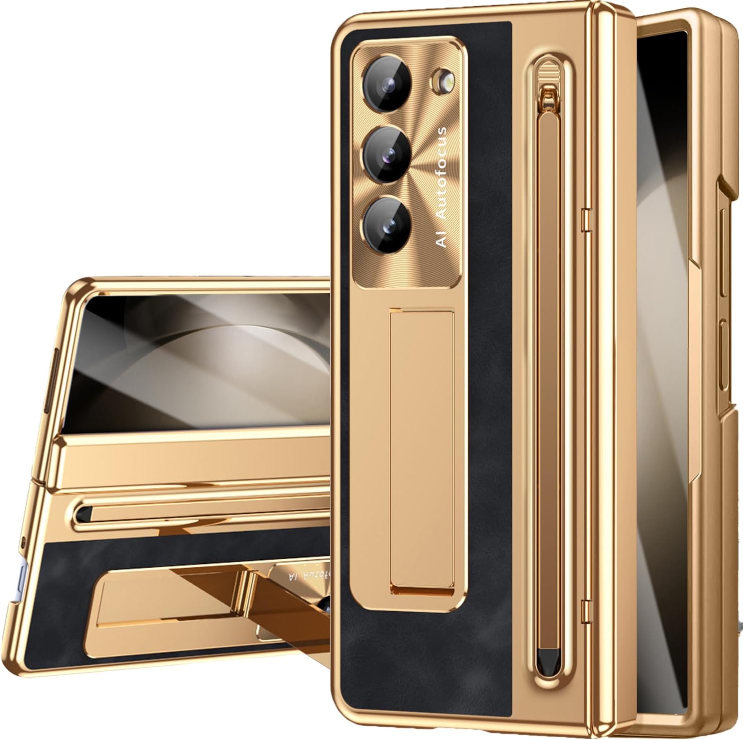 NINKI for Samsung Galaxy Z Fold 5 Case with S Pen Holder & S Pen, Galaxy Z Fold 5 Phone Case with Stand & Screen Protector, Plating Leather Hinge Protective Cover for Z Fold5 5G – Gold with Black